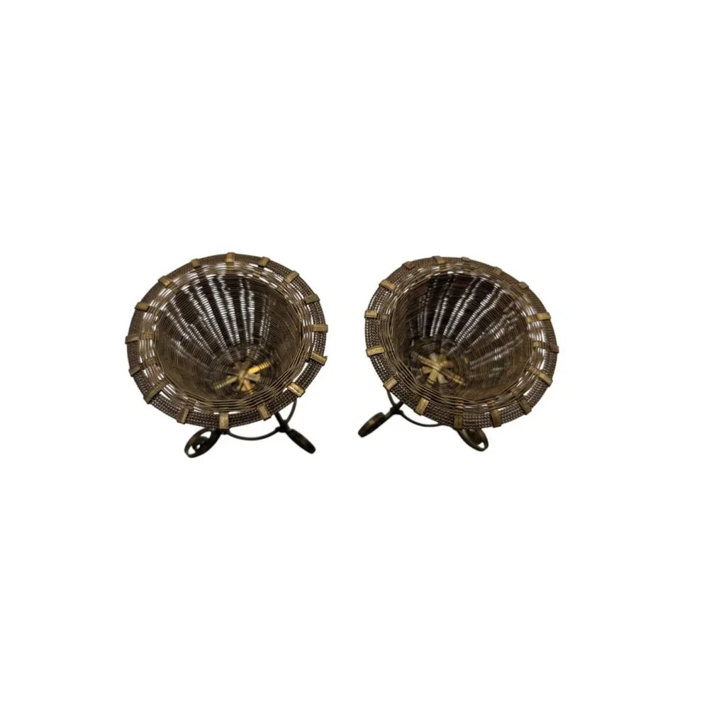Set Of 2 Vintage Antique Brass Tiny Woven Baskets, egg holder